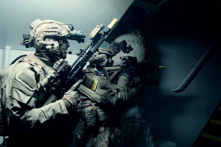 During boarding operations, Royal Marines line up behind each other in a single-file formation, known as a stack Royal Marines line up behind each other in a single-file formation, known as a stack