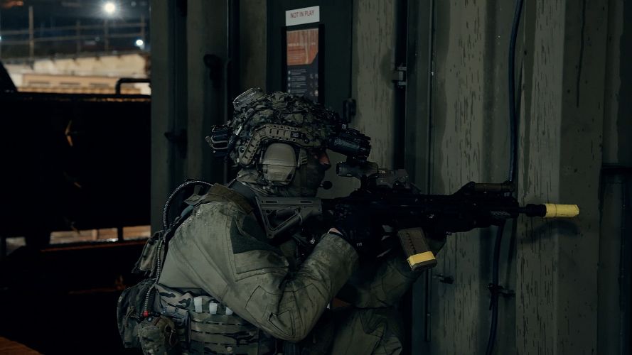 On board SD Northern River, a Royal Marine takes an arc of fire On board SD Northern River, a Royal Marine takes an arc of fire