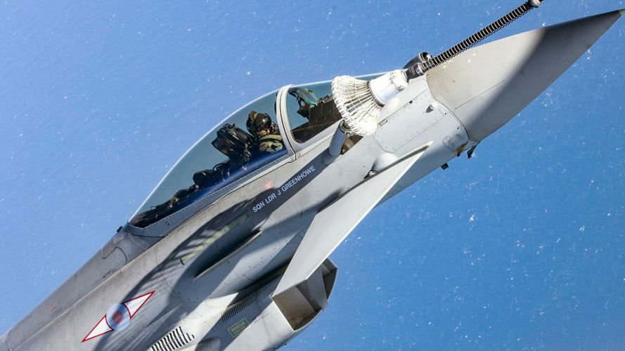 A Typhoon from 1 (Fighter) Squadron carries out air-to-air refuelling from a Voyager tanker en route to Exercise Red Flag at Nellis Air Force Base in Nevada (Picture: MOD) A Typhoon from 1 (Fighter) Squadron carries out air-to-air refuelling from a Voyager tanker en route to Exercise Red Flag at Nellis Air Force Base in Nevada