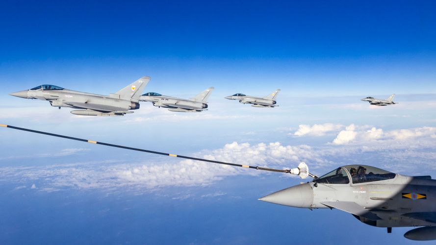 An RAF Voyager refuels Typhoons as they head to Nevada in the United States for Exercise Red Flag (Picture: MOD) An RAF Voyager refuels Typhoons from XI(F) Sqn, 1 (F) Sqn and II (AC) Sqn as they head to Nevada in the United States for Exercise Red Flag