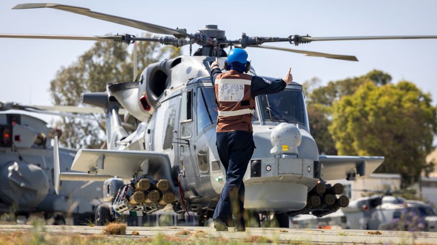 A Royal Navy Wildcat lifts off for a sortie from RAF Akrotiri where the helicopters, armed with Martlet missiles, are providing a defensive screen against drone attack A Royal Navy Wildcat lifts off for a sortie from RAF Akrotiri where the helicopters, armed with Martlet missiles, are providing a defensive screen against drone attack