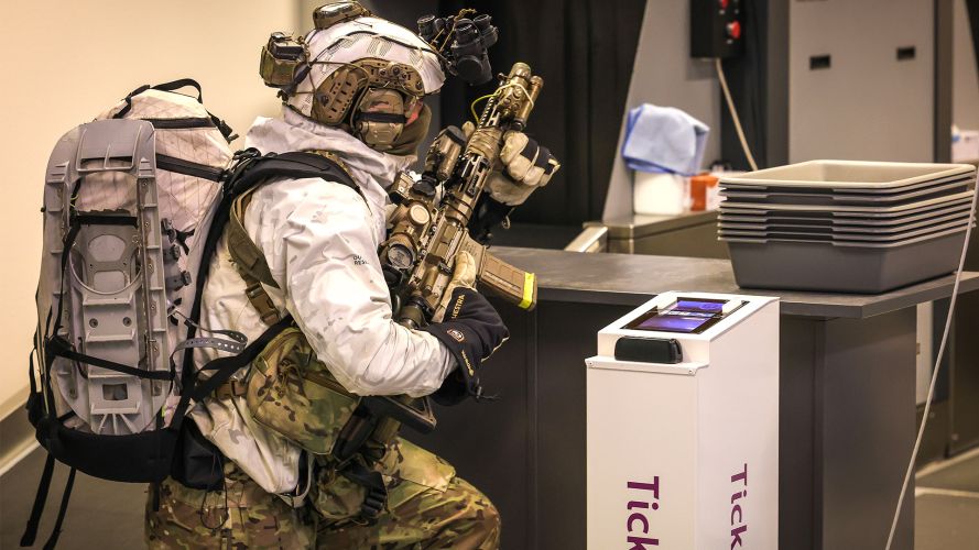 Members of 40 Commando secure the airport during an exercise in the Norwegian town of Sorkjosen with a swift sweeping attack using FIBUA and CQB tactics Members of 40 Commando secure the airport during an exercise in the Norwegian town of Sorkjosen with a swift sweeping attack using FIBUA and CQB tactics