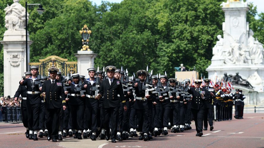 In what is believed to be a first for Trooping the Colour, the Royal Navy was represented by a 92-strong contingent whose role was to line The Mall during the procession from Buckingham Palace and back again In what is believed to be a first for Trooping the Colour, the Royal Navy was represented by a 92-strong contingent whose role was to line The Mall during the procession from Buckingham Palace and back again