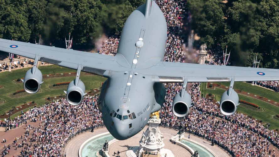 The King's Birthday Parade ended with a flypast by numerous RAF aircraft, this being the C-17 Globemaster III, which provides the service with a long-range strategic heavy-lift capability The King's Birthday Parade ended with a flypast by numerous RAF aircraft, this being the C-17 Globemaster III, which provides the service with a long-range strategic heavy-lift capability