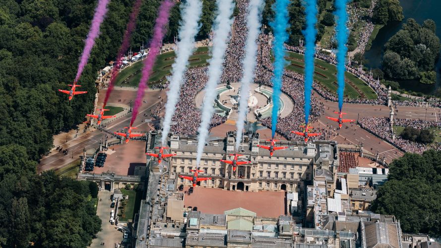 The Red Arrows joined in the flypast over Buckingham Palace using nine Hawk T1s - while their flypasts this season will continue to use all nine jets, their aerobatic displays are being cut to just seven Hawks The Red Arrows joined in the flypast over Buckingham Palace using nine Hawk T1s - while their flypasts this season will continue to use all nine jets, their aerobatic displays are being cut to just seven Hawks