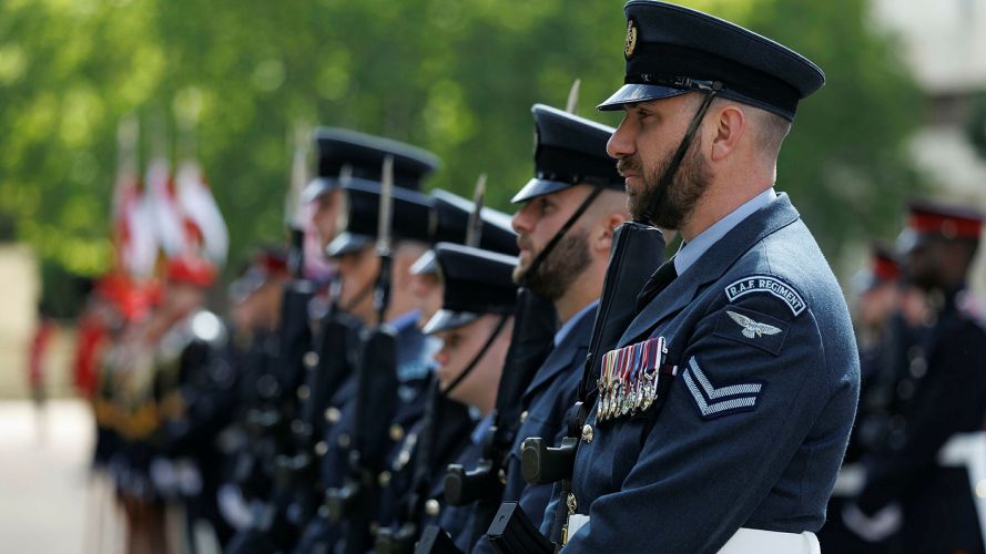 The street liners, including these gunners from the RAF Regiment, assembled at Wellington Barracks before marching out to take up their stations The street liners, including these gunners from the RAF Regiment, assembled at Wellington Barracks before marching out to take up their stations