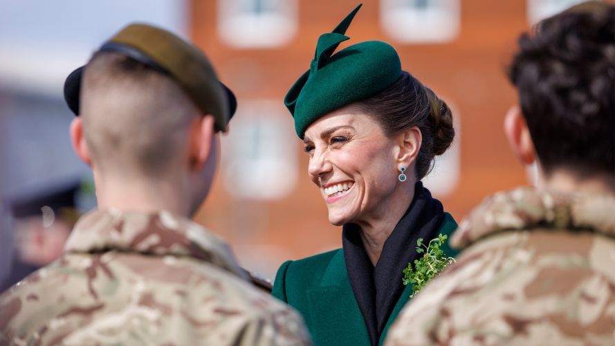 Catherine, Princess of Wales, who is Colonel of the Irish Guards, speaks to soldiers from the regiment at Mons Barracks in Aldershot Catherine, Princess of Wales, who is Colonel of the Irish Guards, speaks to soldiers from the regiment at Mons Barracks in Aldershot