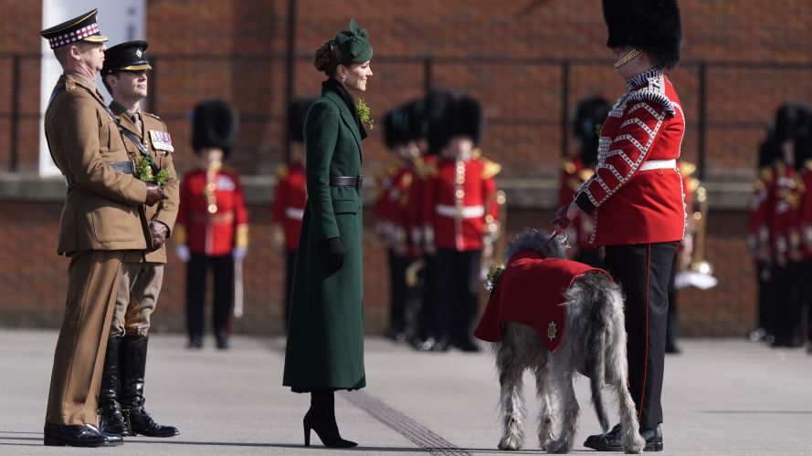 The princess presented Seamus, the regimental mascot, with a sprig of shamrock (Picture: PA) P of Wales on St Patrick's Day