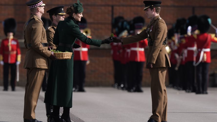 The Princess of Wales, in her role as Colonel of the regiment, during a visit to the 1st Battalion Irish Guards for their St Patrick's Day Parade (Picture: PA) P of Wales on St Patrick's Day