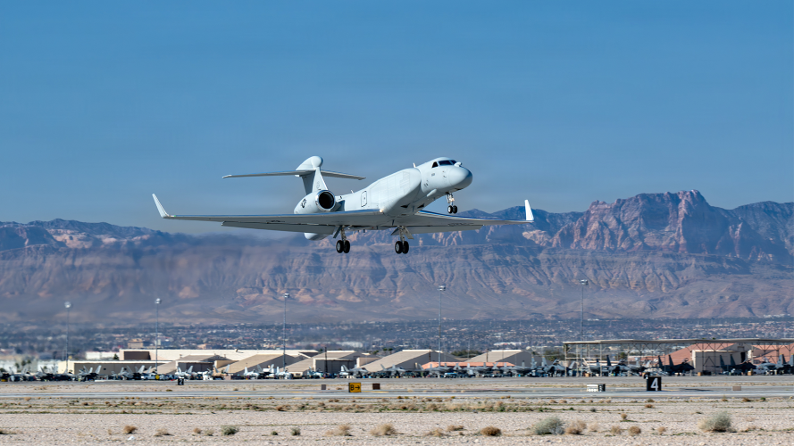 US Air Force EC-37B Compass Call assigned to the 55th Electronic Combat Group, Davis Monthan Air Force Base, Arizona, takes off on Exercise Red Flag U.S. Air Force EC-37B Compass Call assigned to the 55th Electronic Combat Group, Davis Monthan Air Force Base, Arizona, takes off on Exercise Red Flag