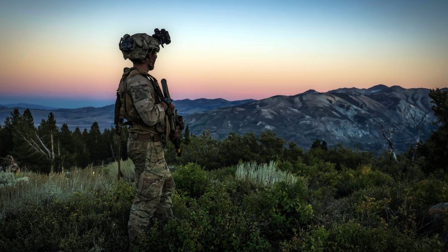 A commando from Air Defence Troop, 29 Commando, surveys the ground in low light while deployed to the Mountain Warfare Training Centre at Pickel Meadows in California A commando from Air Defence Troop, 29 Commando, surveys the ground in low light while deployed to the Mountain Warfare Training Centre at Pickel Meadows in California