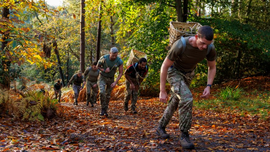 Tri-service training personnel take on a Gurkha-run challenge at Army Training Centre Pirbright, where they carry a traditional Nepalese bamboo basket known as a Doko, weighing 15kg, over a 5km course Tri-service training personnel take on a Gurkha-run challenge at Army Training Centre Pirbright, where they carry a traditional Nepalese bamboo basket known as a Doko, weighing 15kg, over a five-kilometre course
