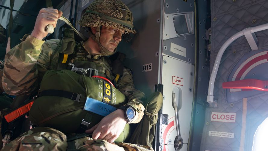 A soldier from 2 Para prepares to jump out of the Atlas – such exits are usually carried out via the side doors, with the loading ramp used to drop heavy kit on pallets (Picture: MOD) A soldier from 2 Para prepares to jump out of the Atlas - such exits are usually carried out via the side doors, with the loading ramp used to drop heavy kit on pallets (Picture: MOD)