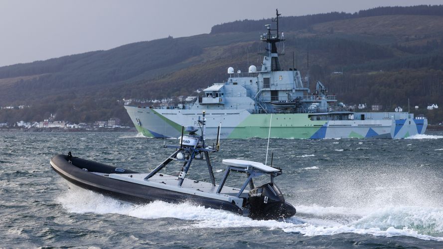 HMS Tyne is seen off the coast of Scotland during an exercise in which she was operating with five uncrewed boats that were being remotely piloted from 500 miles away HMS Tyne is seen off the coast of Scotland during an exercise in which she was operating with five uncrewed boats that were being remotely piloted from 500 miles away