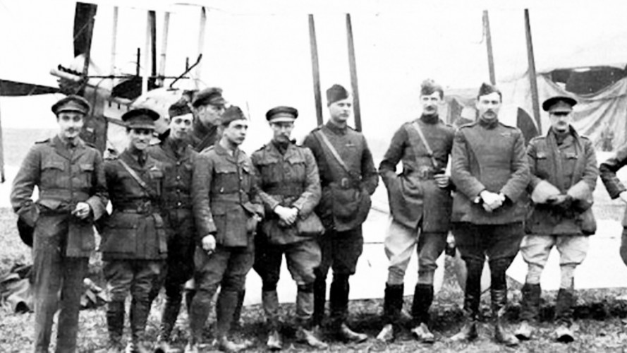 Captain Ball (second from left) is pictured with the air crew of 13 Squadron RFC. Captain Ball