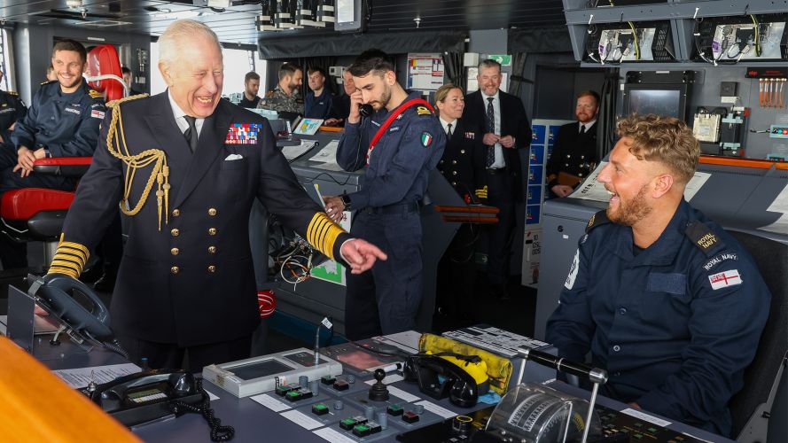 King Charles jokes with crew members on the bridge of the HMS Prince of Wales (Picture: MOD) King Charles jokes with crew members on the bridge of the HMS Prince of Wales CREDIT MOD