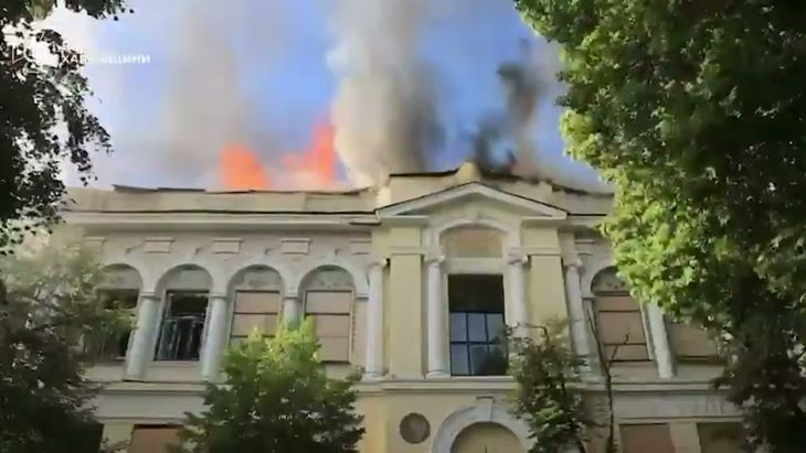 The building, which had already survived the Great Patriotic War, was badly damaged by the missile, with workers scrambling to save the artworks inside (Picture: Emergency services of Ukraine)