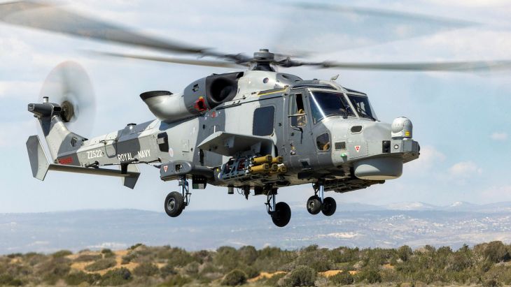 A Wildcat HMA2 from 815 Squadron, armed with Martlet missiles, takes off for a sortie in Cyprus