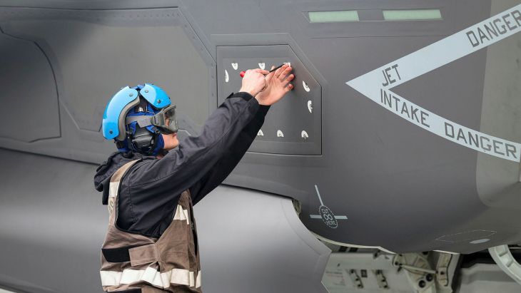An 809 Naval Air Squadron aircraft engineer prepares an F-35B Lightning for take-off during Neptune Strike 26-3, a multi-domain enhanced vigilance activity exercise (Picture: MOD)