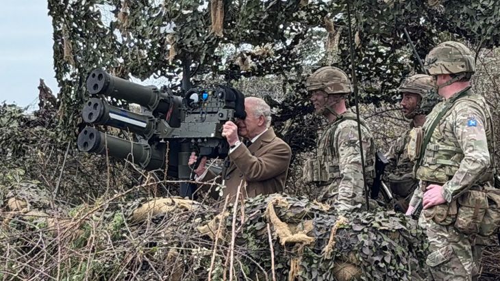 King Charles takes aim at a Shahed lookalike drone with a Lightweight Multiple Launcher at Baker Barracks on Thorney Island