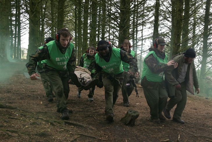 Soldiers from 242 Wessex Multi Role Medical Regiment providing covering fire during a simulated care under fire scenario during Ex Medical Endeavour at Okehampton training camp (Picture: MOD)