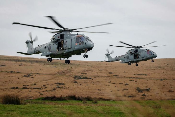 The helicopter involved in the crash was a Merlin Mk4, according to the First Sea Lord. Pictured are Merlin helicopters taking part in a previous iteration of Exercise Merlin Storm in 2024 (Picture: MOD)