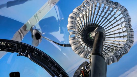 With the interception practice out of the way, the Voyager was able to carry out its normal role of refilling the Typhoon mid-air (Picture: MOD)