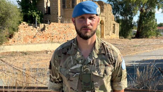 Corporal Tinker, a section commander in 8 Rifles, reckons a swimming pool is a welcome bonus while serving in the heat of the Mediterranean island (Picture: BFBS)