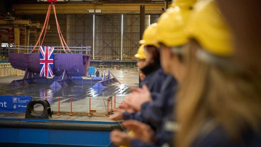 Staff at the shipyard look at as the keel was laid for RFA Resurgent at Navantia UK's Appledore yard (Picture: Royal Navy)