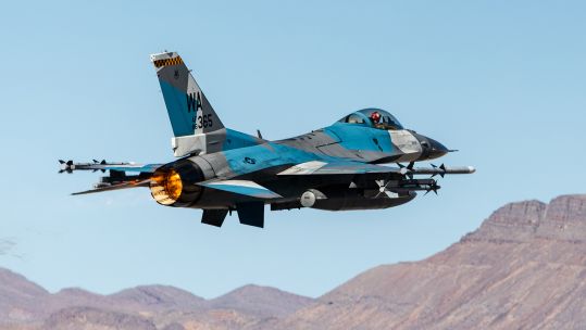 RAF Typhoons are taking part in Exercise Red Flag in Nevada where their air-to-air combat capabilities are being tested by aircraft like this F-16 from 64th Aggressor Squadron