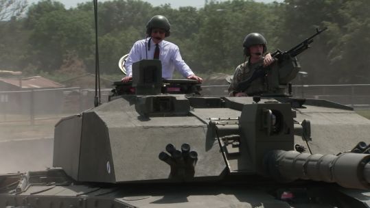 King Charles takes a ride in a Challenger 2 as he visits the Royal Tank Regiment for the first time as its Colonel-in-Chief (Picture: BFBS)