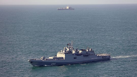 RFA Tideforce (background) monitored Russian frigate Admiral Grigorovich on numerous occasions throughout April (Picture: MOD)