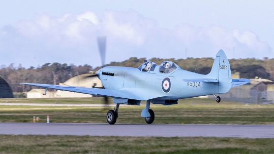 The Spitfire takes off from RAF Lossiemouth en route to Prestwick on the fourth leg of its nine-flight round trip of Britain