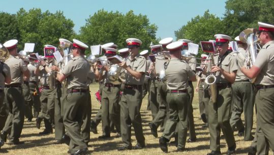 Carrying out intricate marching manoeuvres while playing their instruments is par for the course for these Royal Marines musicians (Picture: BFBS)
