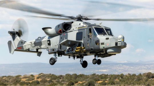 A Wildcat HMA2 from 815 Squadron, armed with Martlet missiles, takes off for a sortie in Cyprus