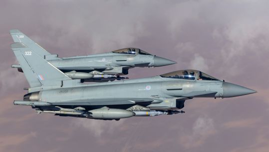 RAF Typhoons from 2 Squadron patrol the skies while on defensive operations across the Middle East - the jets receive multiple refuels from Voyager tankers to ensure they have a sustained presence