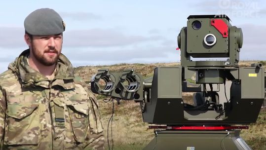 Flying Officer Will Pickles explains how the Rapid Sentry air defence system works - the launcher has not yet been loaded with Lightweight Multirole Missiles