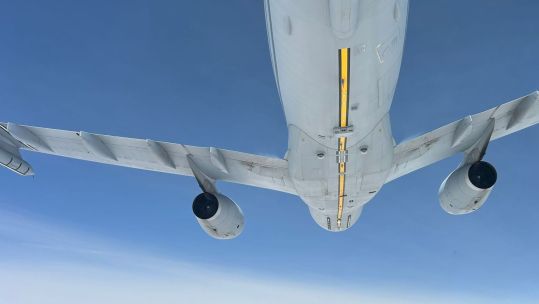 A view from a French A330 MRTT Phénix as an RAF Rivet Joint moves into position to commence air-to-air refuelling