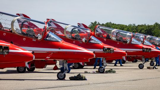 The Red Arrows' Hawk T1 jets safely on the tarmac in the US (Picture: RAF Red Arrows X)
