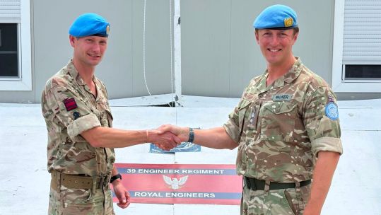 Lt Col Gledhill (left) assumes command of 39 Engineers from Lt Col Walker (Picture: BFBS)