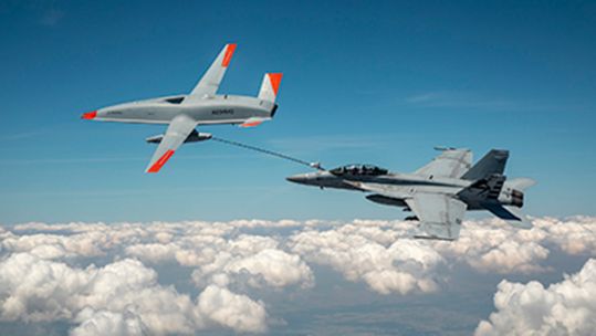 MQ-25 refueling a US Navy FA 18 Super Hornet, the first time an unmanned aircraft has refueled another aircraft (Picture: Boeing)