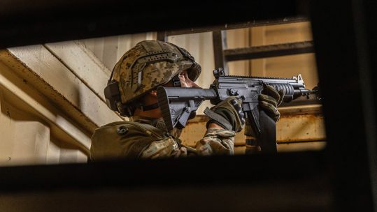 Ukrainian soldiers participate in urban assault training during Operation Interflex