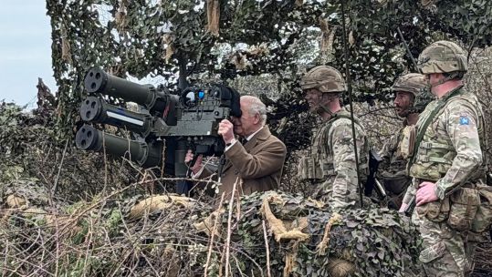 King Charles takes aim at a Shahed lookalike drone with a Lightweight Multiple Launcher at Baker Barracks on Thorney Island