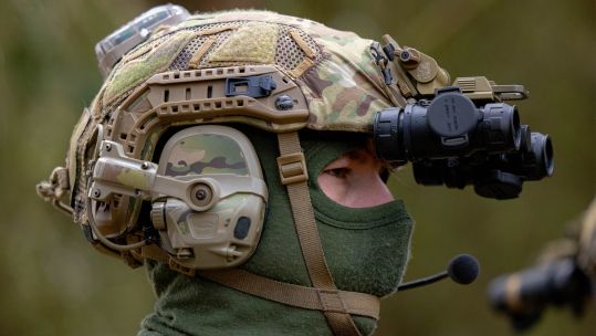 A soldier from 4th Battalion, Ranger Regiment prepares to conduct an assault on a target building on Exercise Hyperion Storm