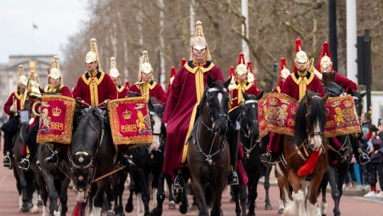 Band of the Household Cavalry in full ceremonial Winter Dress proceeding down the Mall