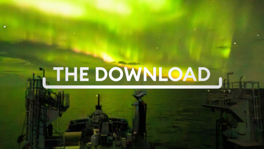 Download graphic superimposed over a striking image of the northern lights