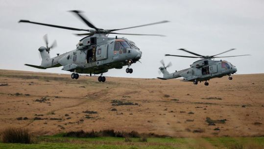 The helicopter involved in the crash was a Merlin Mk4, according to the First Sea Lord. Pictured are Merlin helicopters taking part in a previous iteration of Exercise Merlin Storm in 2024 (Picture: MOD)