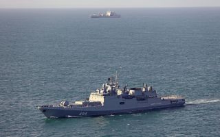 RFA Tideforce (background) monitored Russian frigate Admiral Grigorovich on numerous occasions throughout April (Picture: MOD)