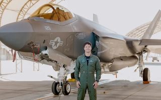 The F-35C Lightning II flown by Lieutenant Woods is a very different beast compared with the B variants most British pilots are used to - the most obvious feature here being the twin nose wheel (Picture: MOD)