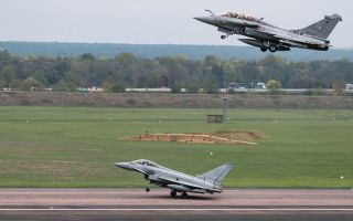 An RAF Typhoon and French Air and Space Force Rafale carry out a joint take-off ahead of a sortie over the Mediterranean (Picture: French defence ministry)